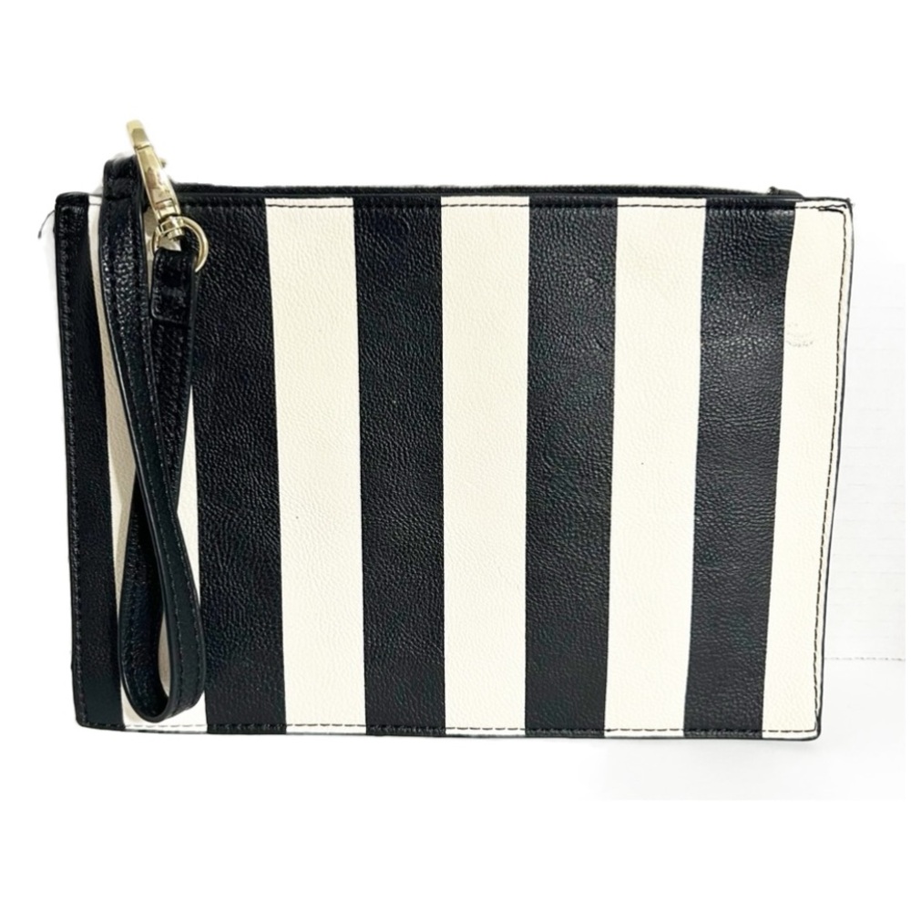 Betsey Johnson Striped Wristlet Purse Make Up Bag Zip Closure Rose Print Lining